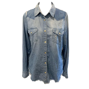 Vanilla Star Denim long sleeve shirt w/ snap buttons, fringe bottom size Med